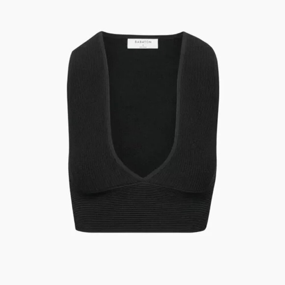 BABATON ribbed Sculpt Knit Deep V Tank size M, stretch nylon, black